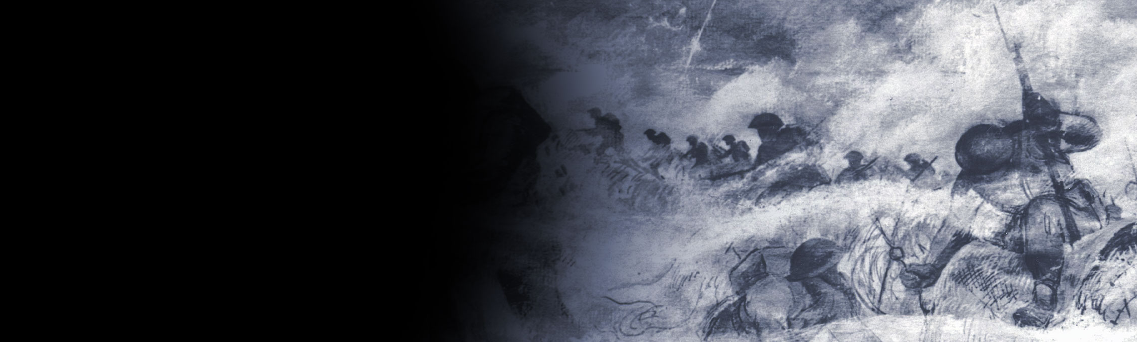 An illustration of soldiers advancing through a smoky battlefield.