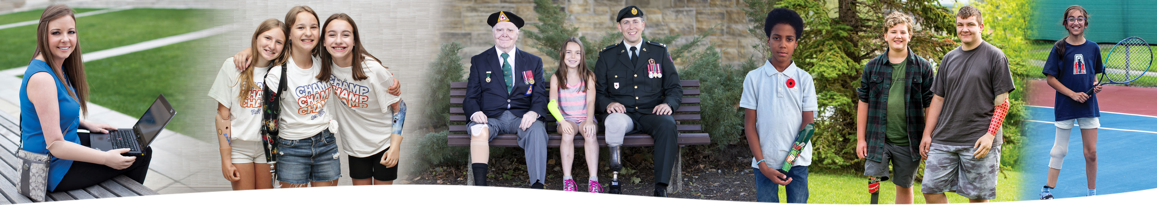 A collection of images showing young adult and child amputees, as well as two war amputee veterans.