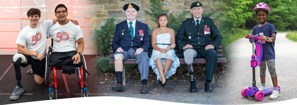 Un assortiment de photos montrant de jeunes adultes et des enfants amputés ainsi que deux anciens combattants amputés.