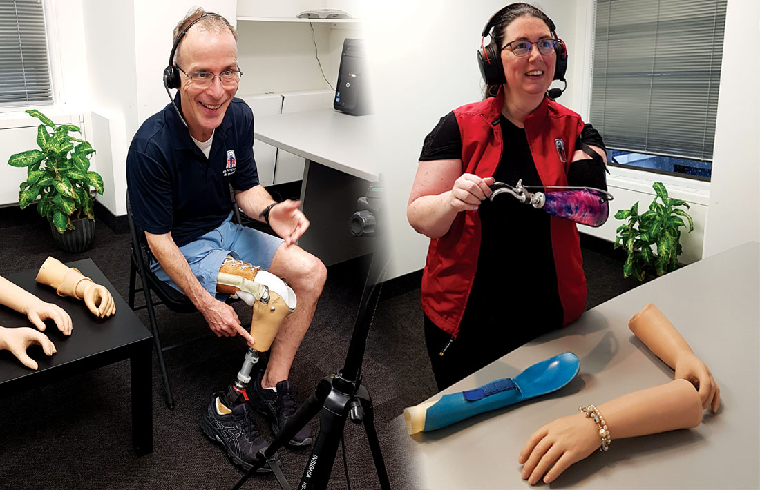 An adult male leg amputee sits on a chair and explains his artificial limb while giving a virtual presentation. An adult female hand amputee demonstrates her artificial limb while giving a virtual presentation.