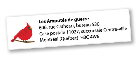 Une étiquette-adresse sur laquelle est dessinée un cardinal rouge perché sur une branche.
