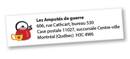 Une étiquette-adresse sur laquelle est dessinée une bouilloire rouge et une petite tasse à thé jaune.