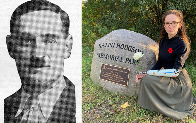 A collage featuring a black and white portrait of First World War amputee veteran Ralph Hogdson and a young woman holding a white rose knelt down beside a stone in Ralph Hodson Park dedicated to the amputee veteran.