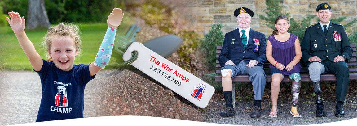 Collage of war amputee veterans, child amputees and a set of keys with a War Amps key tag attached.