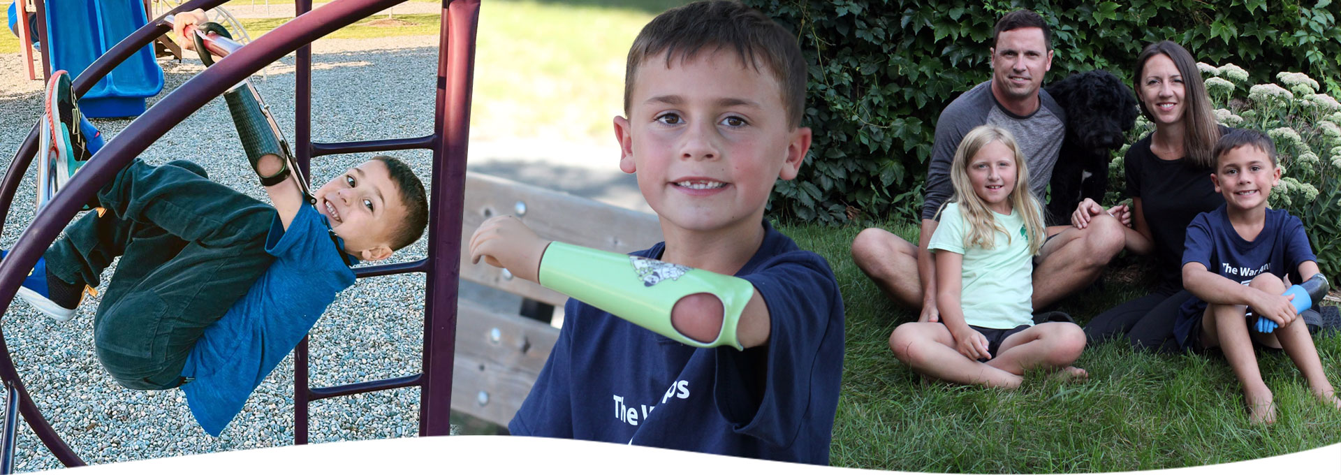 A photo collage of Abel, a young arm amputee, using his artificial limb to participate in activities like basketball and playing at the playground.