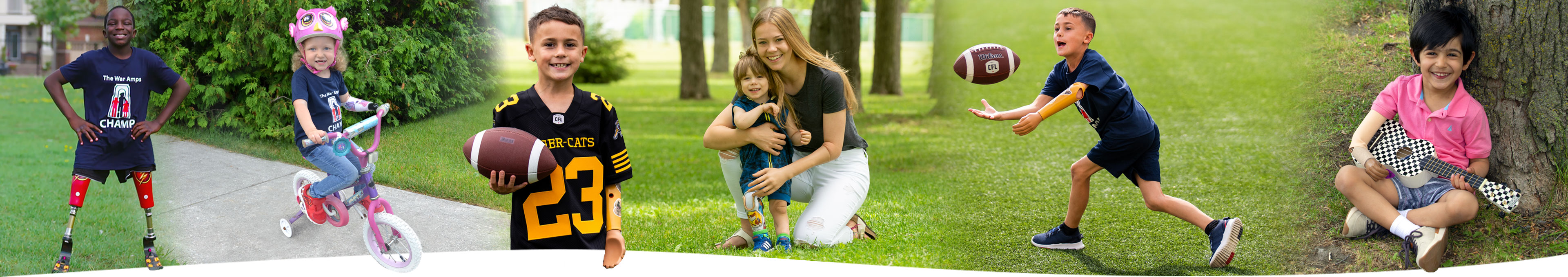 A collection of images showing child amputees participating in recreational activities such as football, cycling and playing a musical instrument.