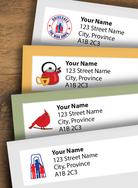 Collage of address label styles available to order.
